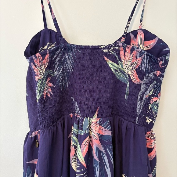 Roxy Tropical Floral Dress Purple XL – Smocked Back, Pleated Front, Zip Detail - Picture 7 of 12